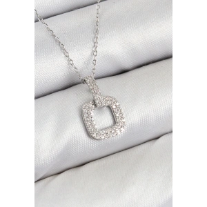 Pirinç Zirkon Taşlı Kare Model Gümüş Renk Kadın Kolye - TJ-BKO10409