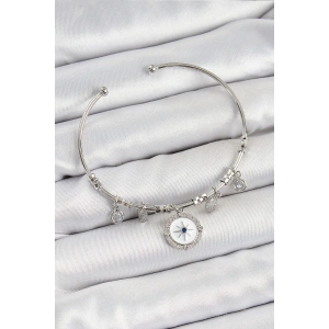 Pirinç Zirkon Taşlı Pusula Model Gümüş Renk Charm Bileklik - TJ-BB7349