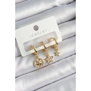Pirinç Zirkon Taşlı Yıldız Model Gold Renk 3lü Çift Kadın Küpe Set - TJ-BKP10835