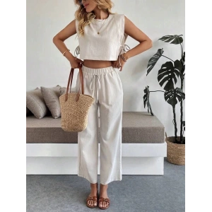 Yan bağlama detaylı pantolonlu takım bej