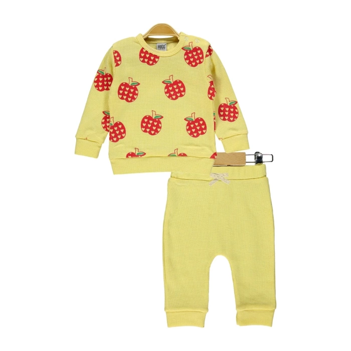 Penye waffle Çilekli baskılı tişört ve pantolon ikili takım