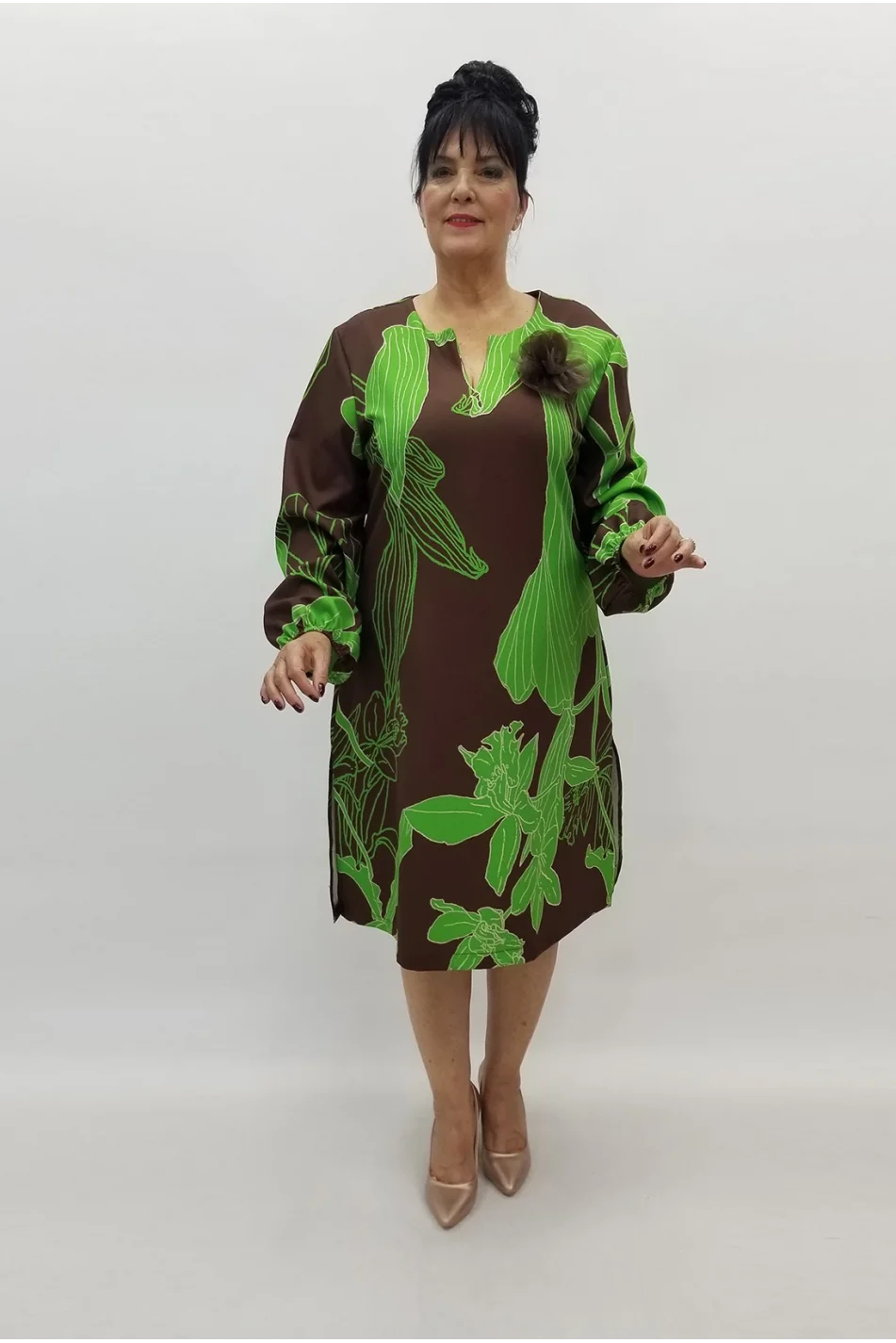 Miraggio Büyük Beden Elbise 99098 KAHVE/YEŞİL