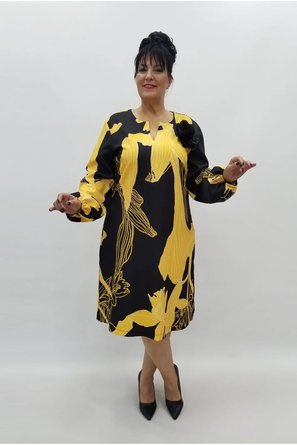 Miraggio Büyük Beden Elbise 99098 SİYAH/SARI