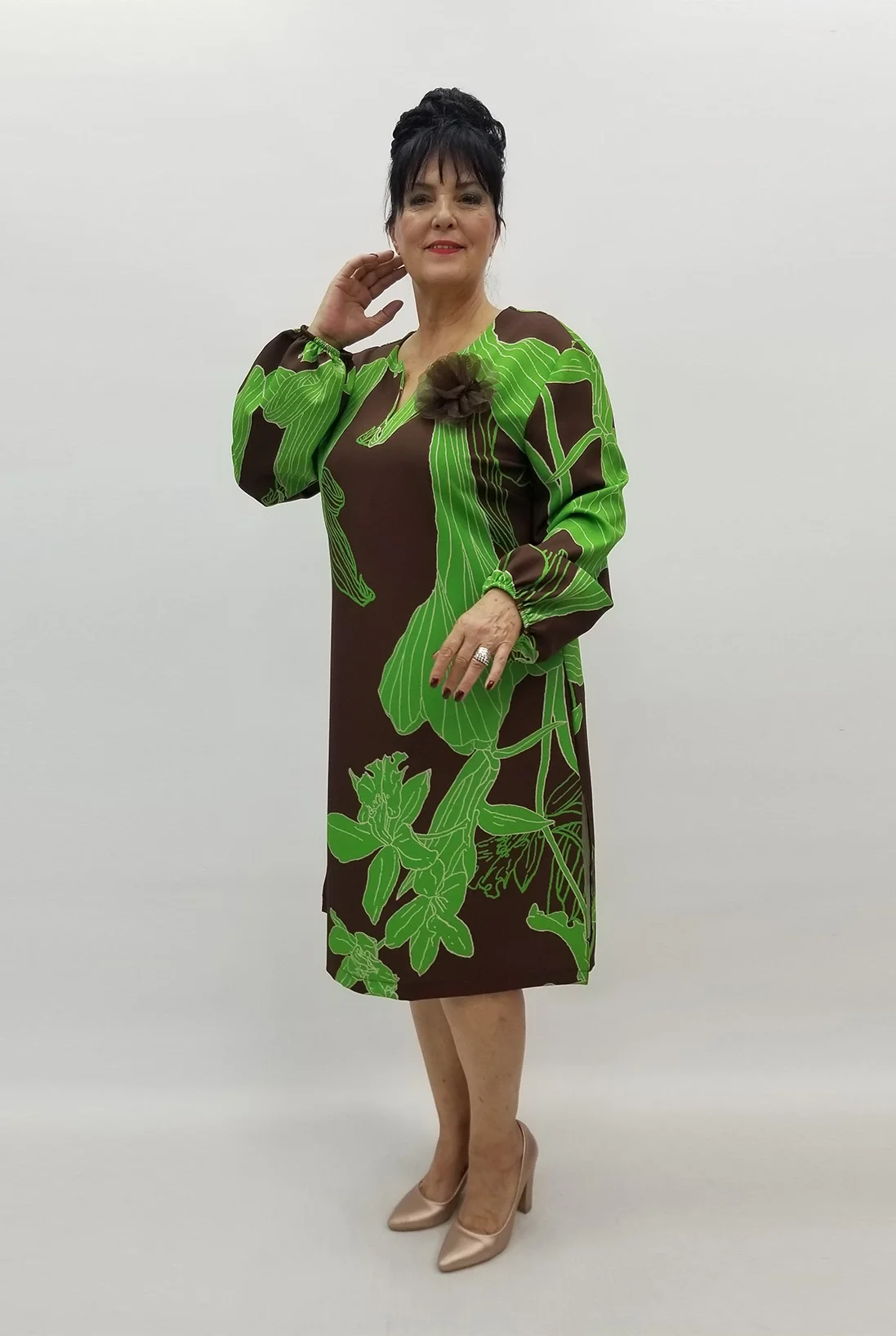 Miraggio Büyük Beden Elbise 99098 KAHVE/YEŞİL