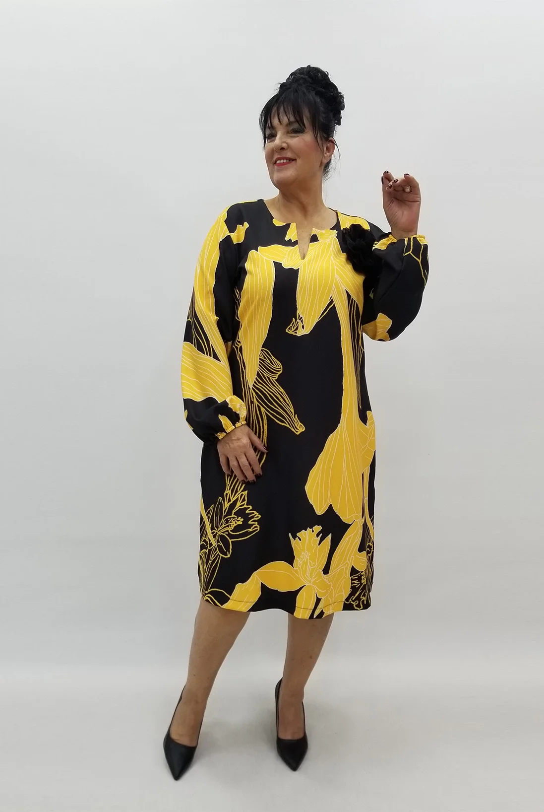 Miraggio Büyük Beden Elbise 99098 SİYAH/SARI