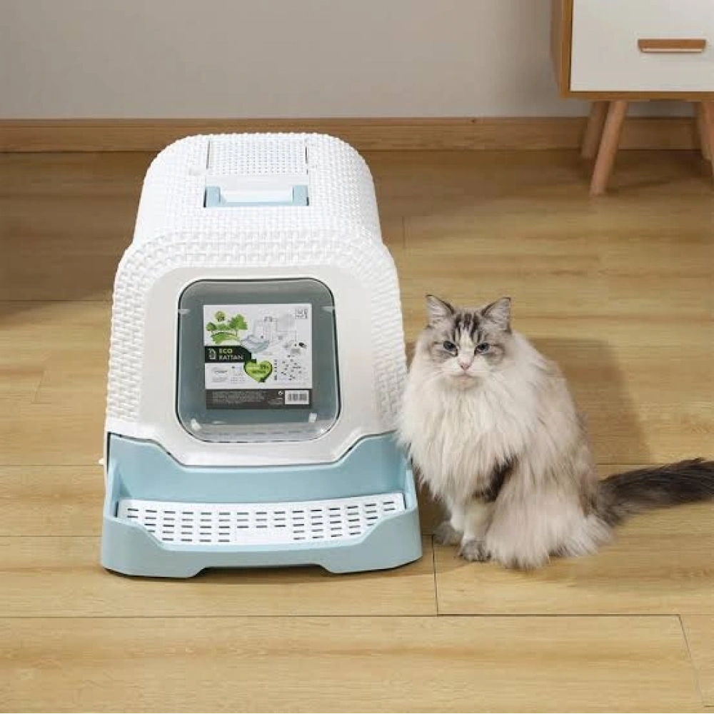 M-Pets Eco Rattan 69x42x41 cm Kapalı Kedi Tuvaleti White/Blue