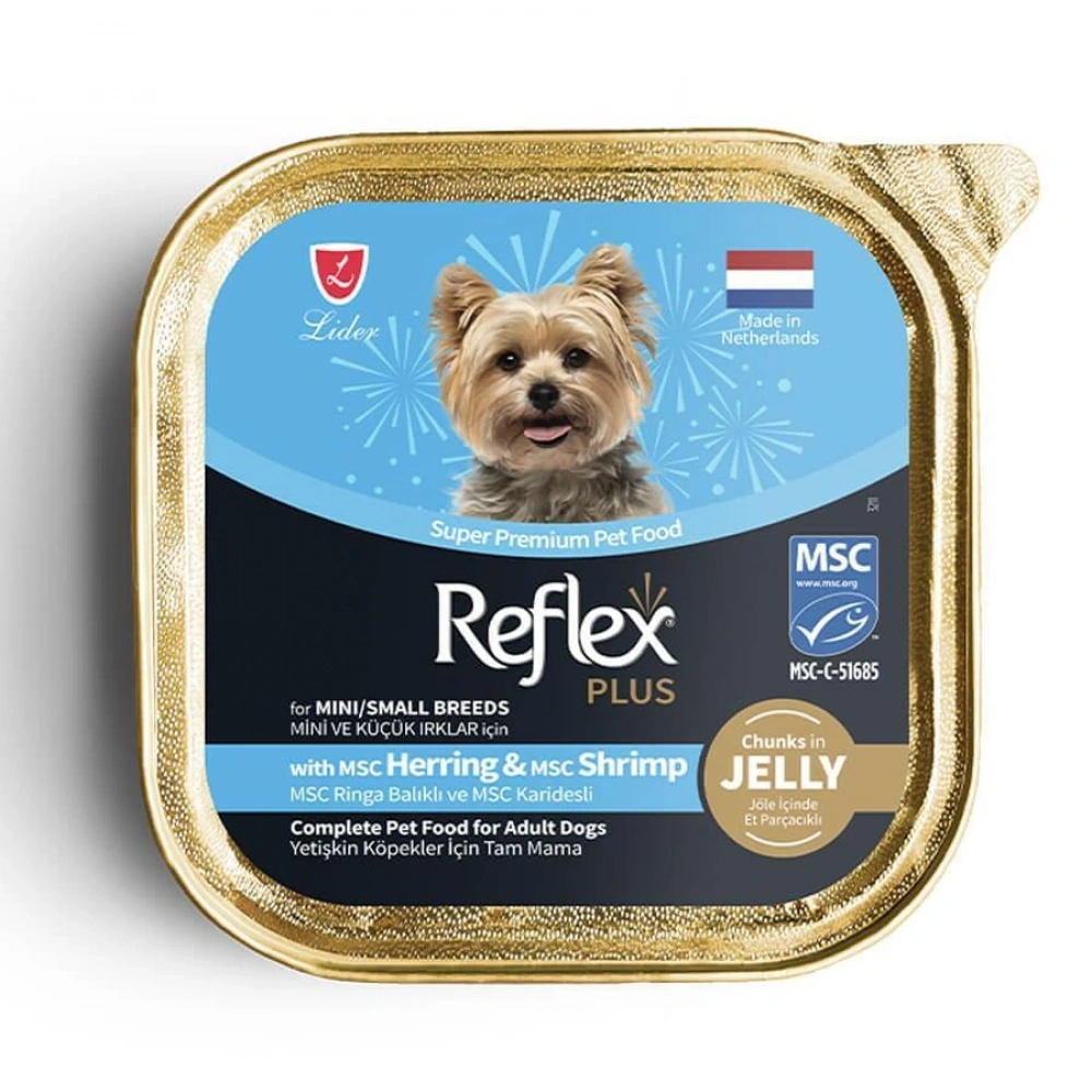 Reflex Plus Jöle İçinde Et Parçacıklı MSC Ringa Balıklı ve MSC Karidesli Mini ve Küçük Irklar için Yetişkin Köpek Maması 85 g