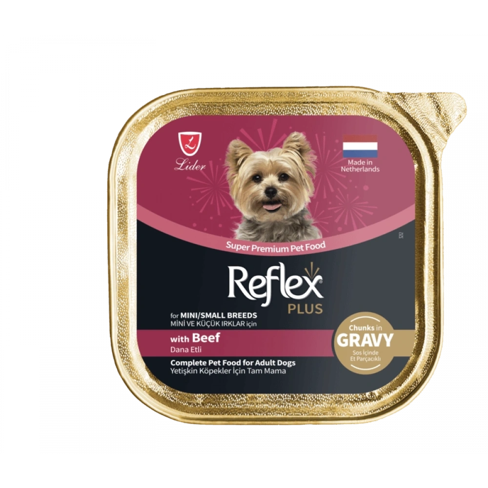 Reflex Plus Sos İçinde Et Parçacıklı Dana Etli Mini ve Küçük Irk Yetişkin Köpek Konservesi 85 Gr