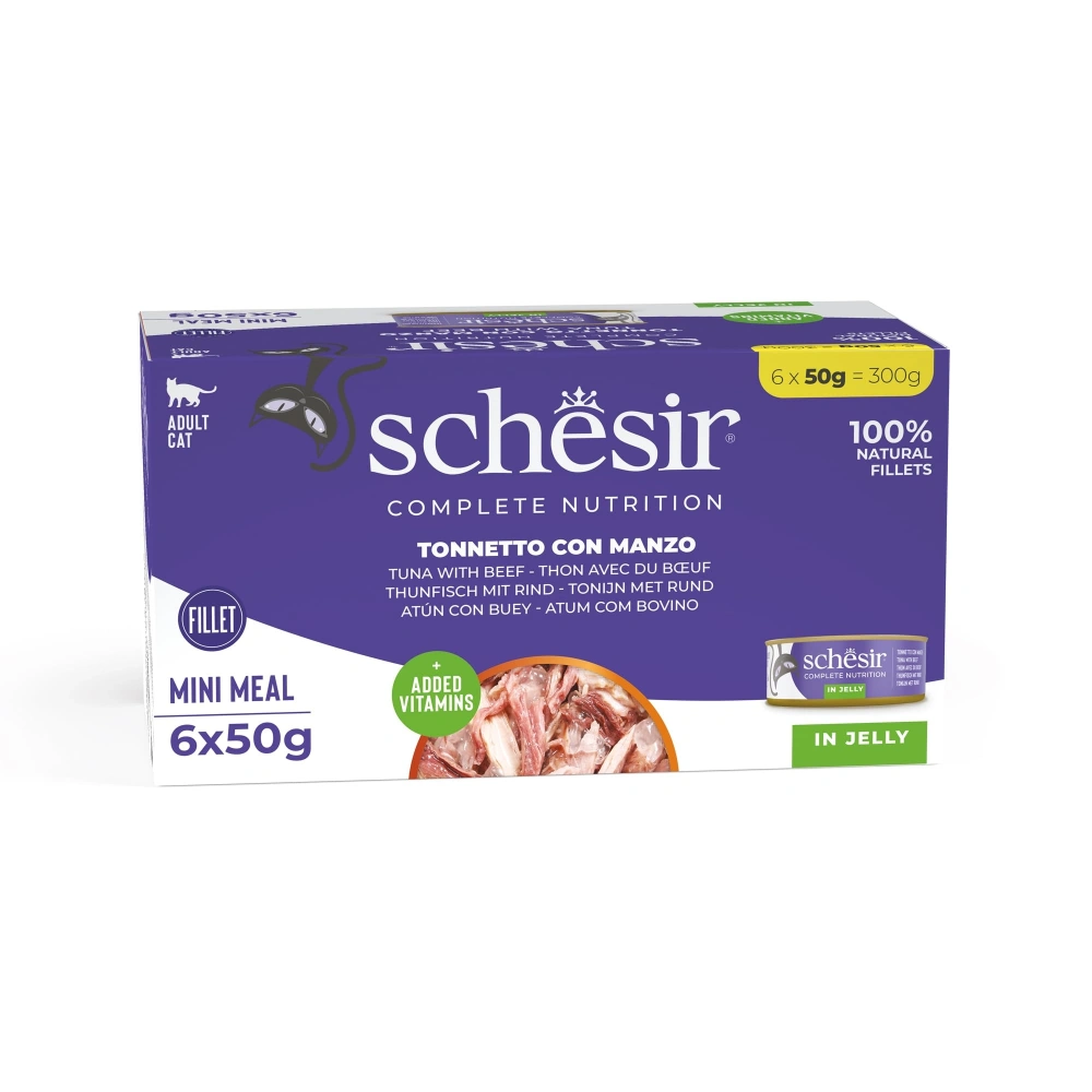 Schesir Tam ve Dengeli Ton Balığı ile Dana Etli Jöle İçinde Kedi Konservesi Multipack 6x50g