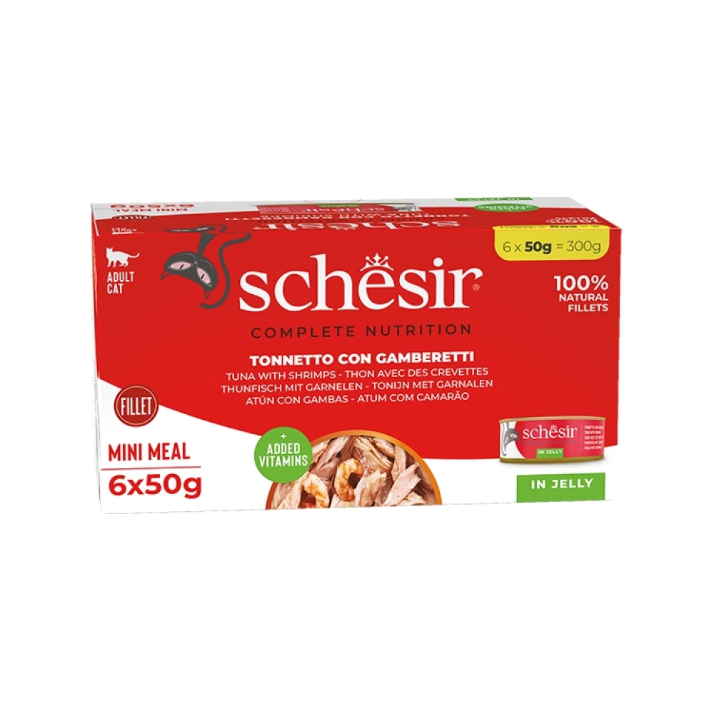 Schesir Tam ve Dengeli Ton Balığı ile Karidesli Jöle İçinde Kedi Konservesi Multipack 6x50g