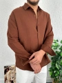 Kahverengi Erkek Oversize Müslin Kumaş Gömlek