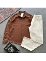 Erkek Kahverengi Müslin Kumaş Gömlek & Bej Ham Keten Pantolon