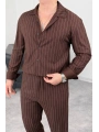 Kahverengi Krep Kumaş Çizgili Gömlek Pantolon Takım