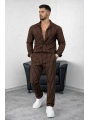 Kahverengi Krep Kumaş Çizgili Gömlek Pantolon Takım