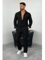 Siyah Krep Kumaş Çizgili Gömlek Pantolon Takım