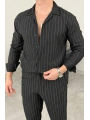 Siyah Krep Kumaş Çizgili Gömlek Pantolon Takım
