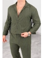Haki Krep Kumaş Çizgili Gömlek Pantolon Takım