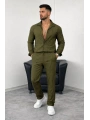 Haki Krep Kumaş Çizgili Gömlek Pantolon Takım