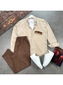 Erkek Bej Krinkıl Keten Gömlek & Kahverengi Pantolon Takım