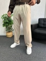 Bej Pileli Kumaş Baggy Pantolon