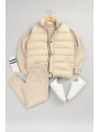 Bej Şişme Yelek & Bej Bisiklet Yaka Sweat & Bej Eşofman Altı 3lü Set