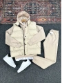 Bej Şişme Yelek & Bej Kapüşonlu Sweat & Bej Eşofman Altı 3lü Set