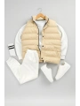 Bej Şişme Yelek & Beyaz Bisiklet Yaka Sweat & Beyaz Eşofman Altı 3lü Set