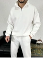 Beyaz Üç İplik Yarım Fermuarlı Sweat