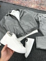 Gri Deri Oversize Bomber Ceket & Füme Kar Yıkama Boyfriend Kot Pantolon Kombin