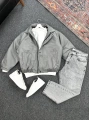 Gri Deri Oversize Bomber Ceket & Füme Kar Yıkama Boyfriend Kot Pantolon Kombin