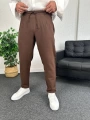 Kahverengi Duble Paça Pileli Ham Keten Pantolon