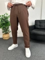 Kahverengi Duble Paça Pileli Ham Keten Pantolon