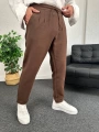 Kahverengi Duble Paça Pileli Ham Keten Pantolon