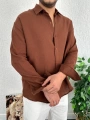 Kahverengi Erkek Oversize Müslin Kumaş Gömlek