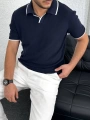 Lacivert Örme Kumaş Şeritli Apaç Yaka Tişört
