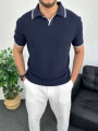 Lacivert Örme Kumaş Şeritli Apaç Yaka Tişört