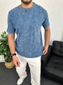 Mavi Asit Yıkama Örme Kumaş Tişört