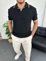 Siyah Örme Kumaş Şeritli Apaç Yaka Tişört