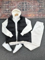 Siyah Şişme Yelek & Beyaz Kapüşonlu Sweat & Beyaz Eşofman Altı 3lü Set