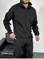 Siyah Üç İplik Yarım Fermuarlı Sweat