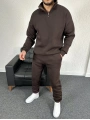 Üç İplik Kahverengi Yarım Fermuarlı Sweat & Kahverengi Eşofman Altı Takım