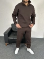 Üç İplik Kahverengi Yarım Fermuarlı Sweat & Kahverengi Eşofman Altı Takım