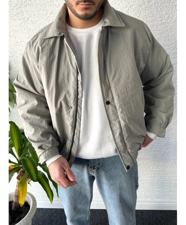 Gri Erkek Oversize Krinkıl Bomber Ceket