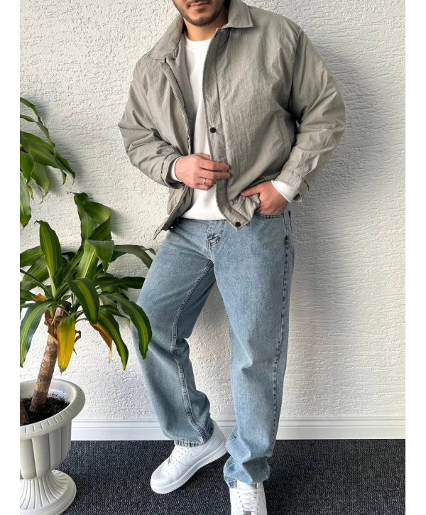 Gri Erkek Oversize Krinkıl Bomber Ceket