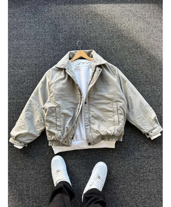 Gri Erkek Oversize Krinkıl Bomber Ceket