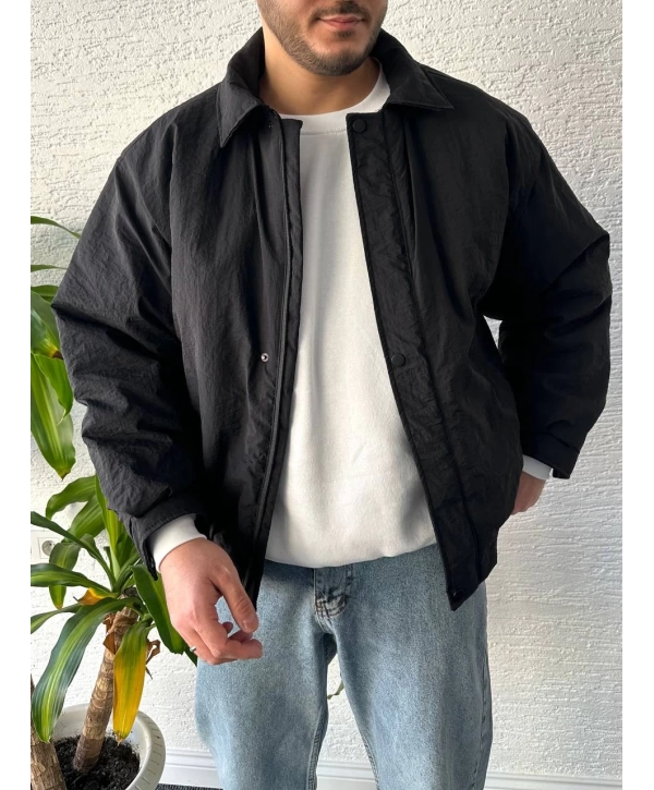 Siyah Erkek Oversize Krinkıl Bomber Ceket