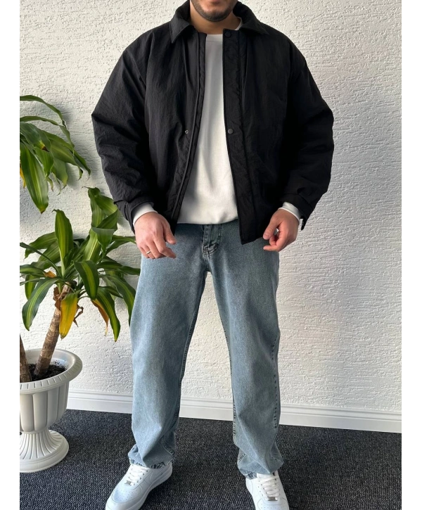 Siyah Erkek Oversize Krinkıl Bomber Ceket