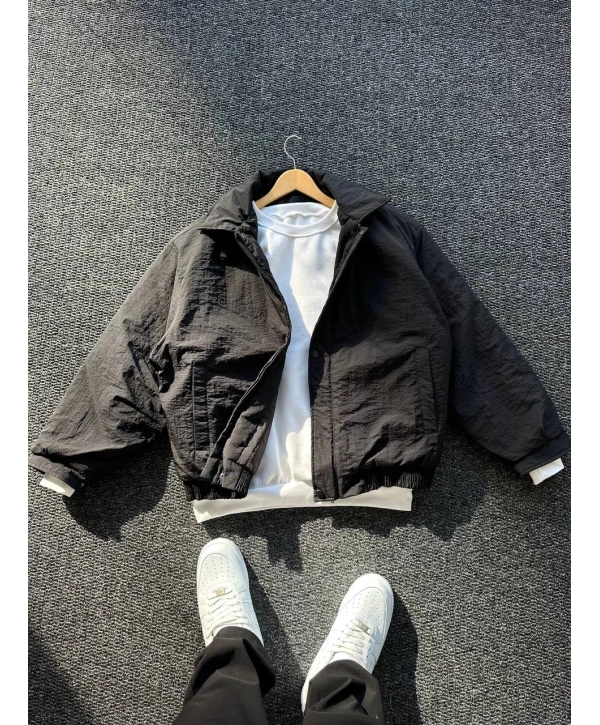 Siyah Erkek Oversize Krinkıl Bomber Ceket
