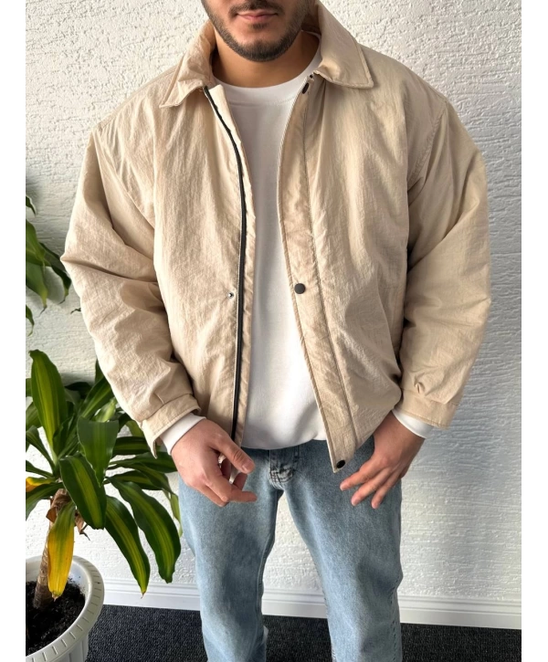 Bej Erkek Oversize Krinkıl Bomber Ceket