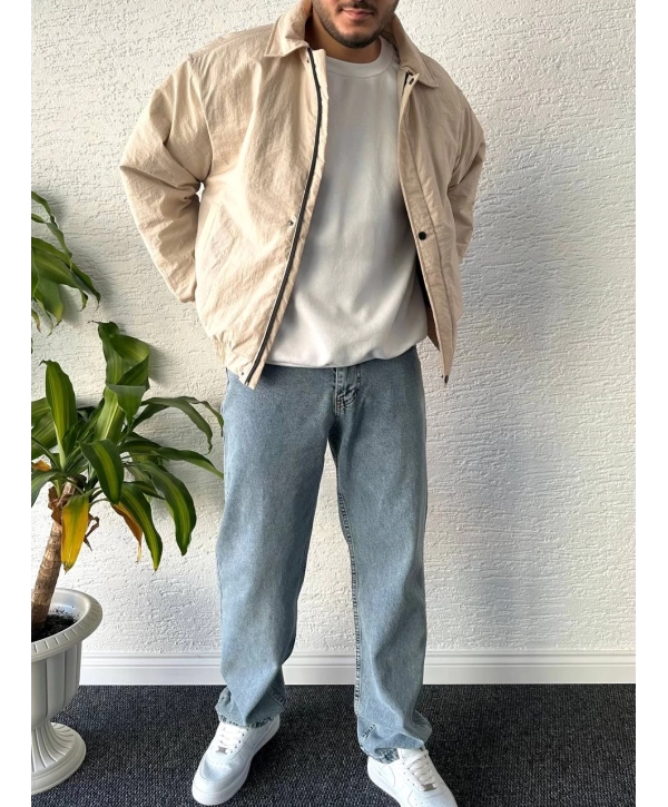 Bej Erkek Oversize Krinkıl Bomber Ceket